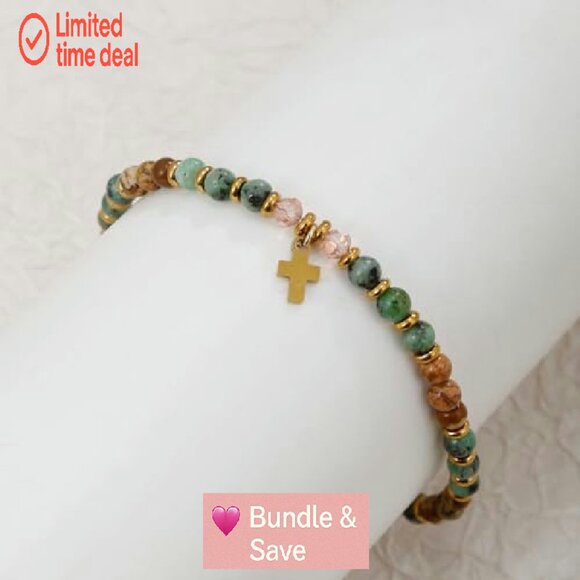 9PC Cross Bracelet Set Adjustable Natural Stone Beaded Faith Jewelry - Picture 4 of 8